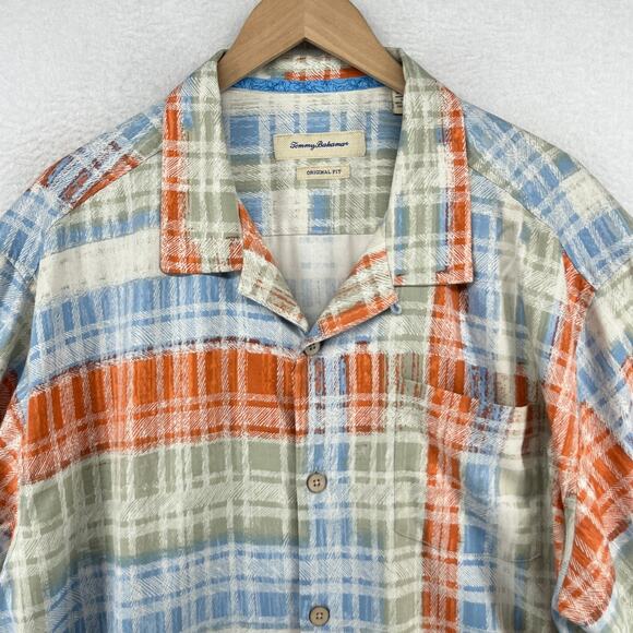 TOMMY BAHAMA Shirt Men 2XL Island Zone Silk Blend Twill Plaid Loop Collar Orange - Picture 5 of 14